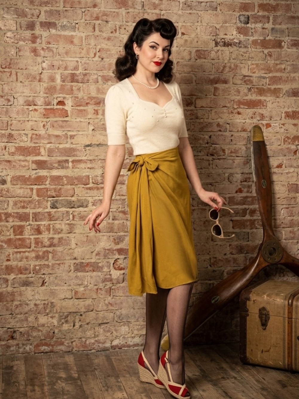 Bespoke Swing Bird Fashions Vintage-Inspired Mustard Wrap Midi Skirt S M